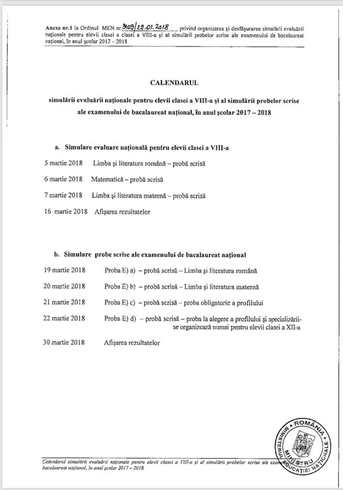 calendar simulari cls a 8 a gimnaziu 2018